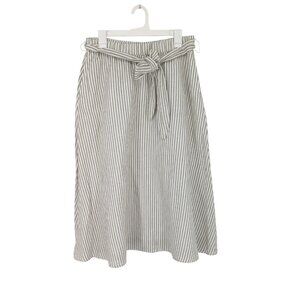 Talbots Midi Skirt Women Size M Striped Linen Blend Belted Coastal Flowy Preppy